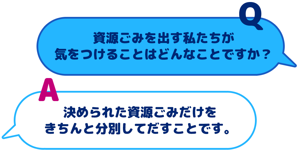 【Q：資源ごみを出す私たちが気をつけることはどんなことですか？】【A：決められた資源ごみだけをきちんと分別してだすことです。】